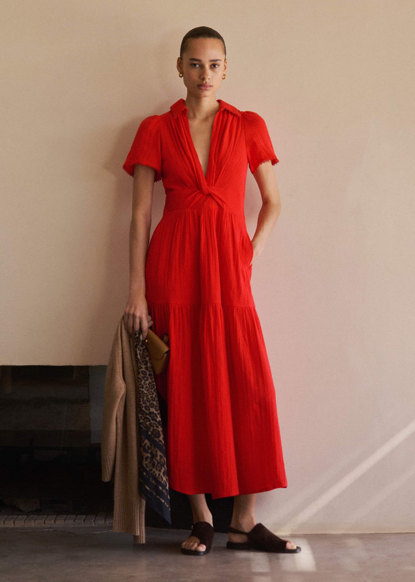 Red Cheesecloth Twist Detail Fit + Flare Maxi Dress