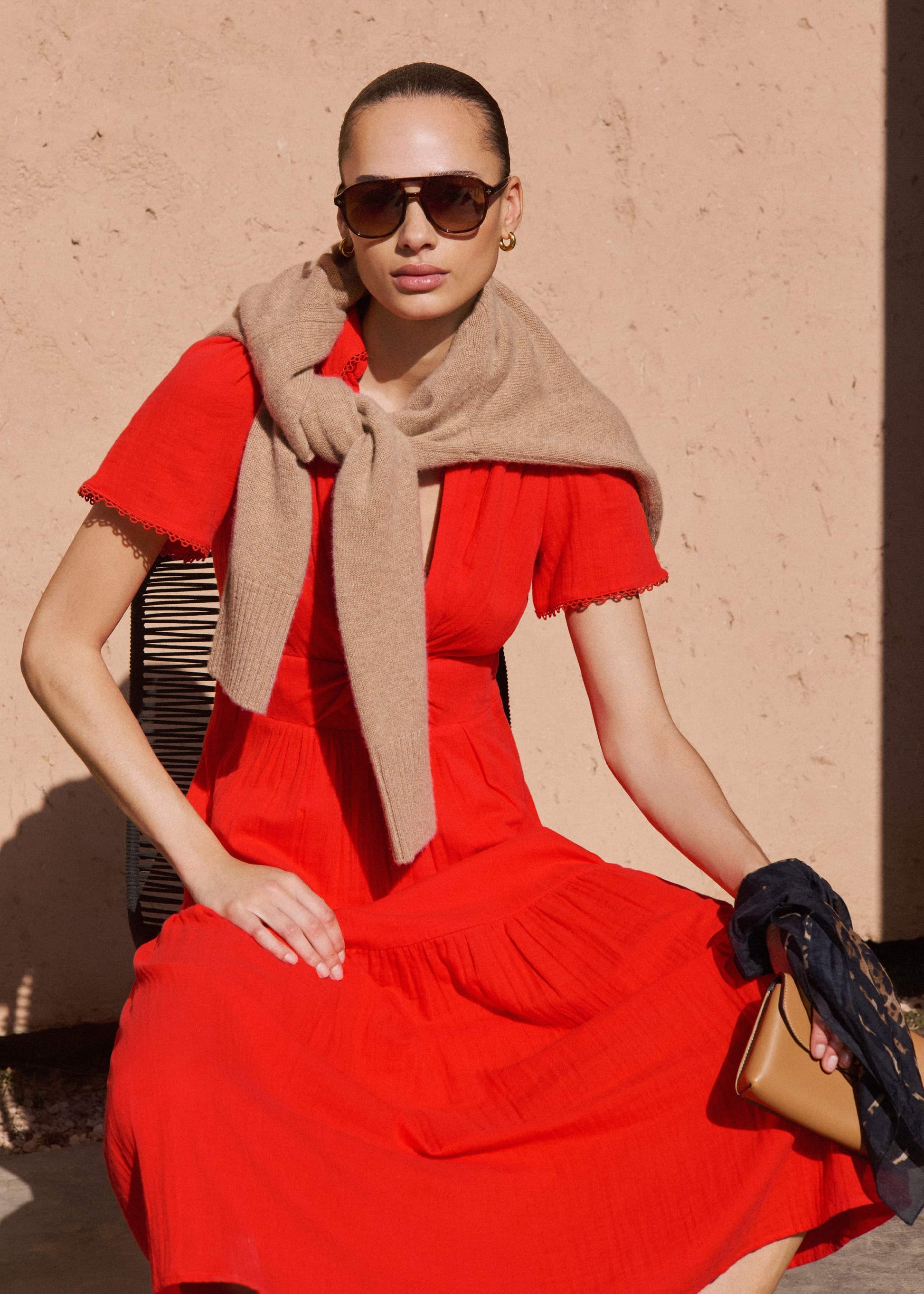 Red Cheesecloth Twist Detail Fit + Flare Maxi Dress