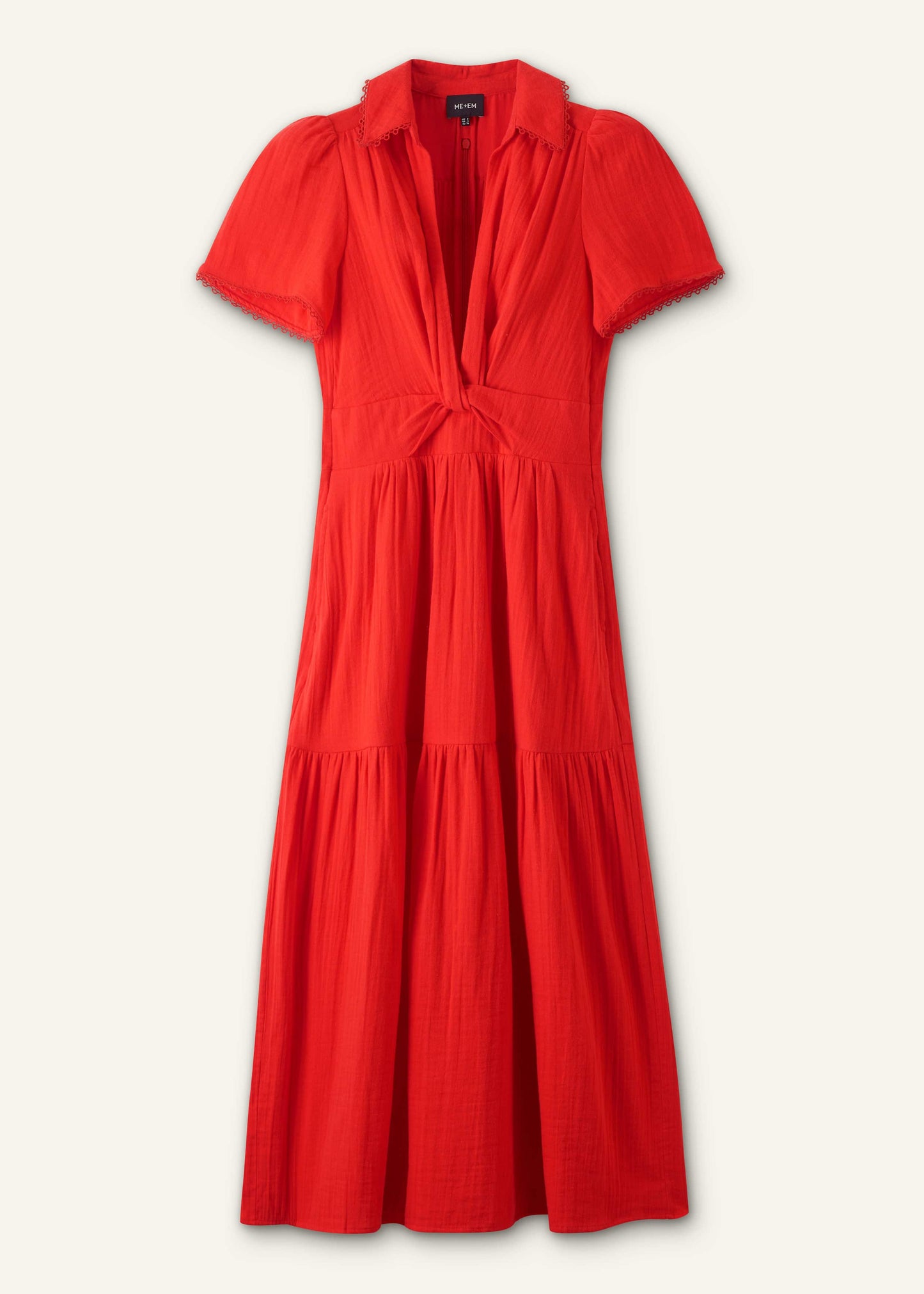 Red Cheesecloth Twist Detail Fit + Flare Maxi Dress