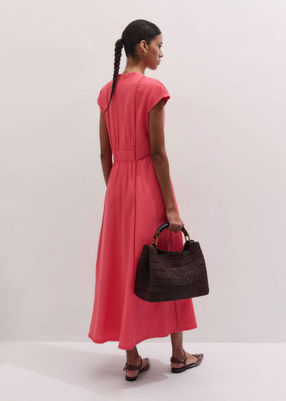 Pink Crease-Less Linen Embroidered Maxi Dress