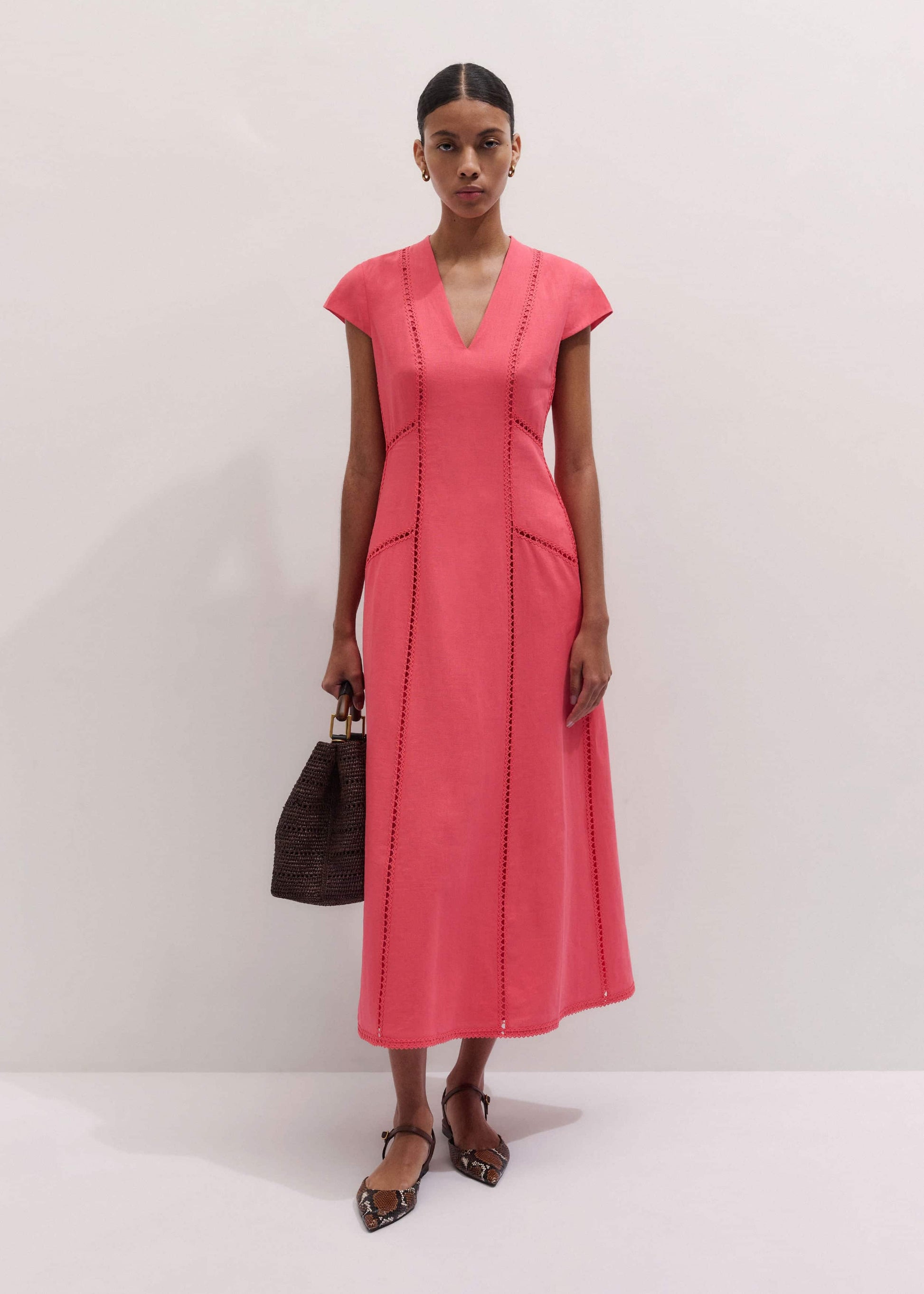 Pink Crease-Less Linen Embroidered Maxi Dress