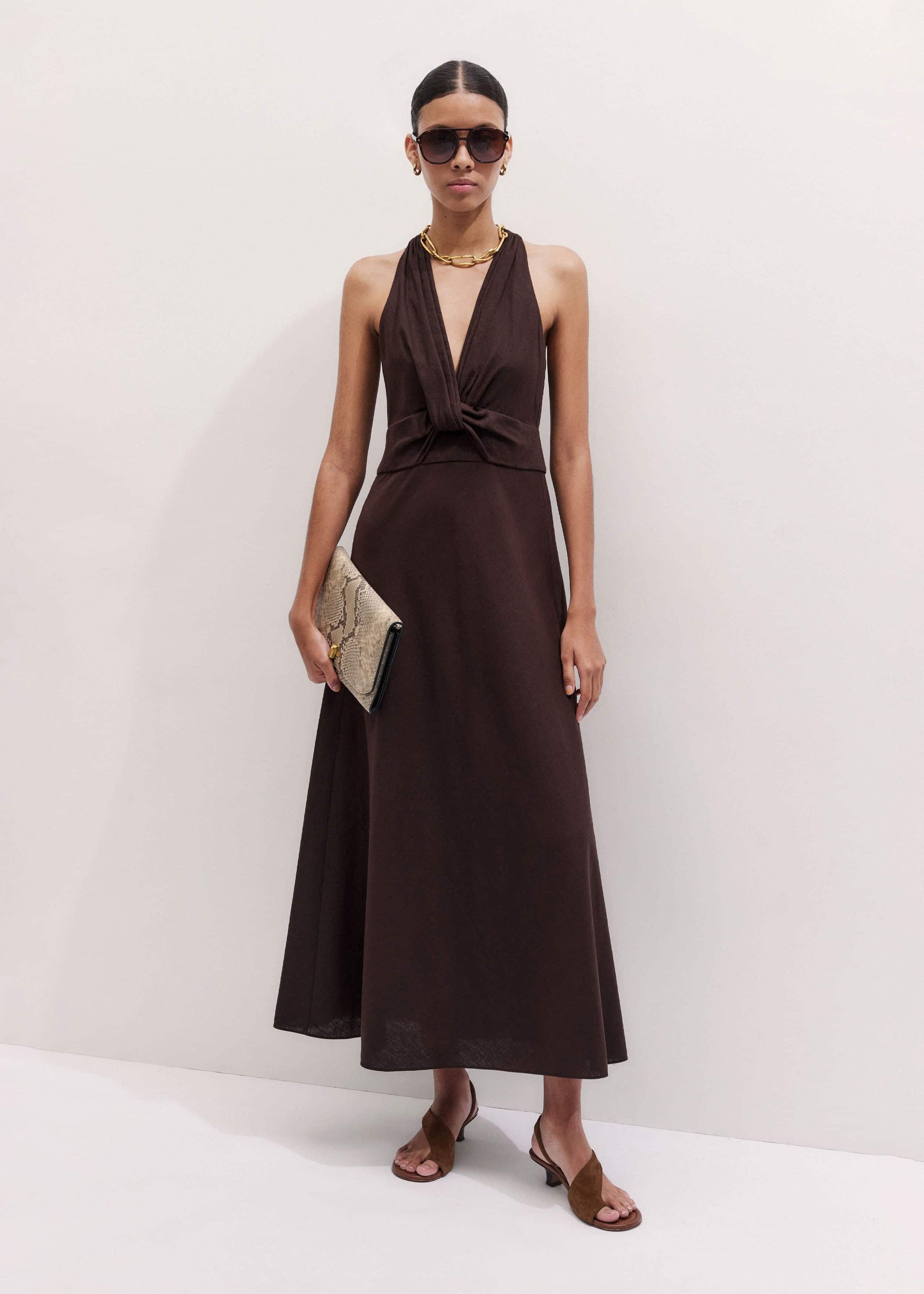 Brown Crease-Less Linen Twist Front Maxi Dress