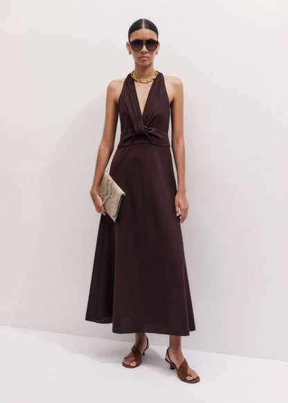 Brown Crease-Less Linen Twist Front Maxi Dress