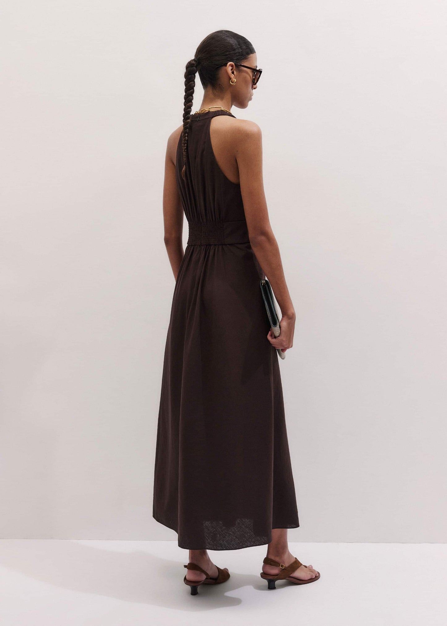 Brown Crease-Less Linen Twist Front Maxi Dress