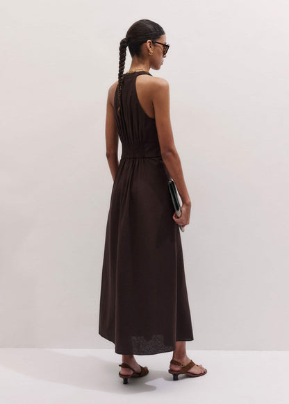 Brown Crease-Less Linen Twist Front Maxi Dress