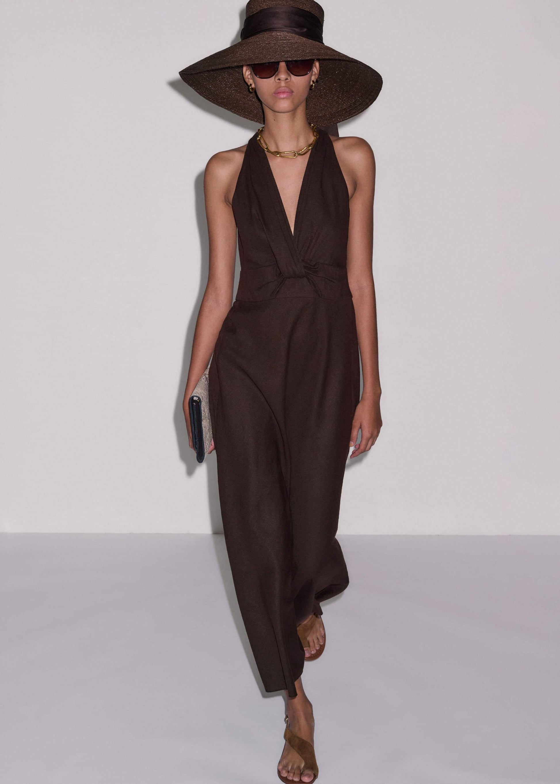 Brown Crease-Less Linen Twist Front Maxi Dress