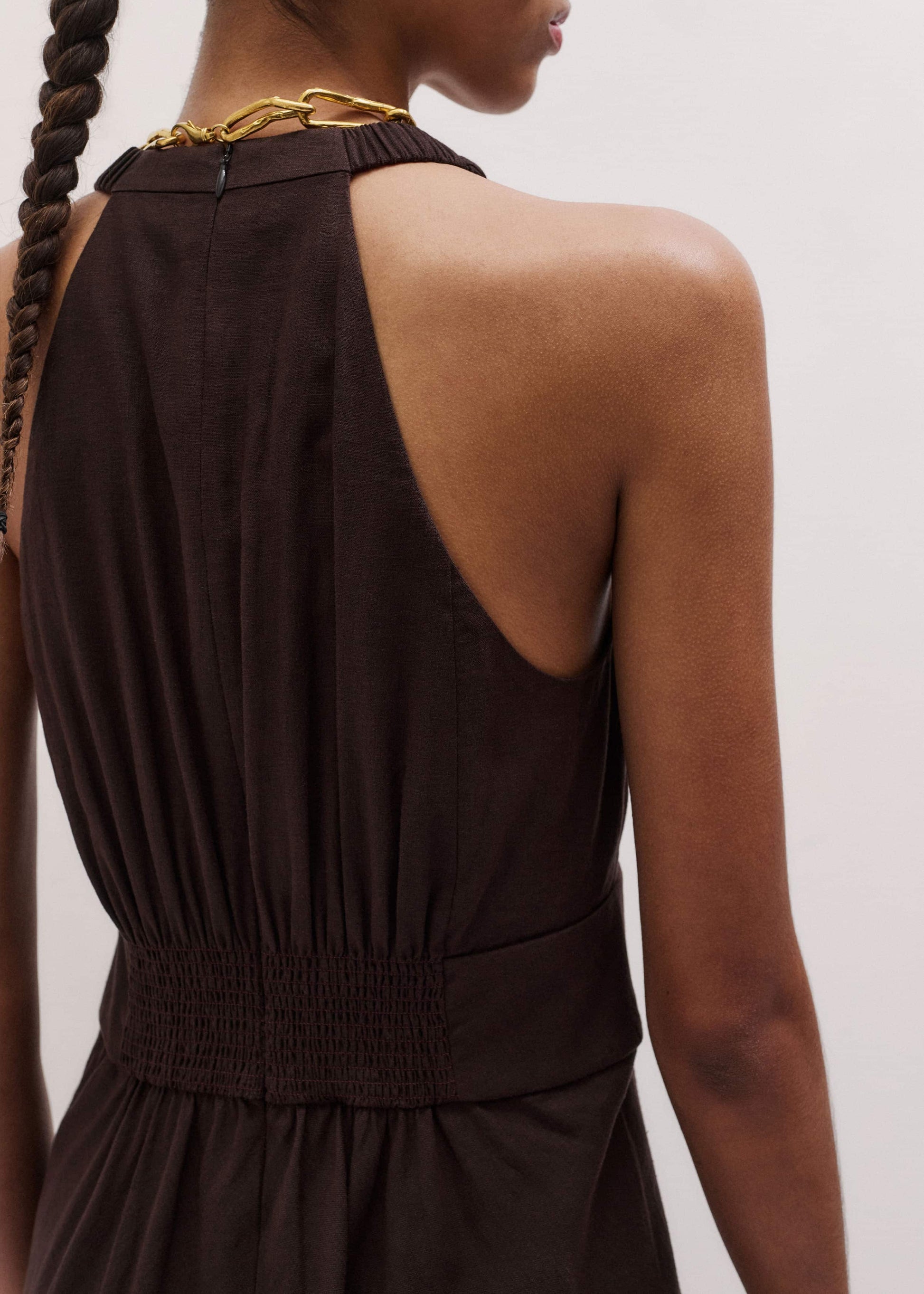 Brown Crease-Less Linen Twist Front Maxi Dress