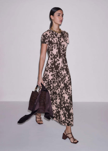 Pink Speckled Bloom Print Contour Maxi Dress