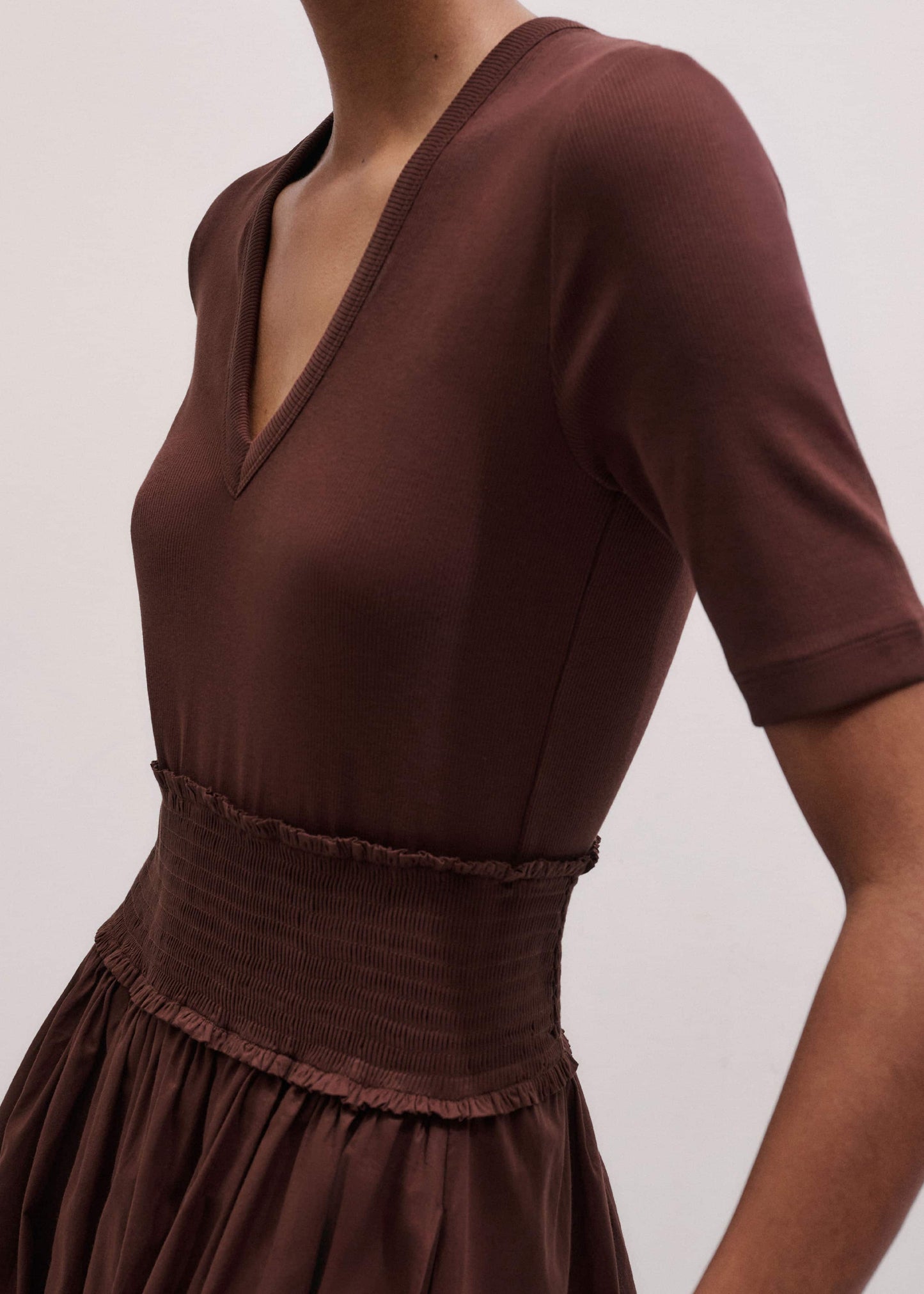 Cinnamon V-Neck Smocked Skirt Mixed Media Maxi Dress