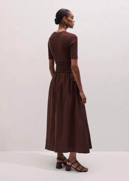 Cinnamon V-Neck Smocked Skirt Mixed Media Maxi Dress