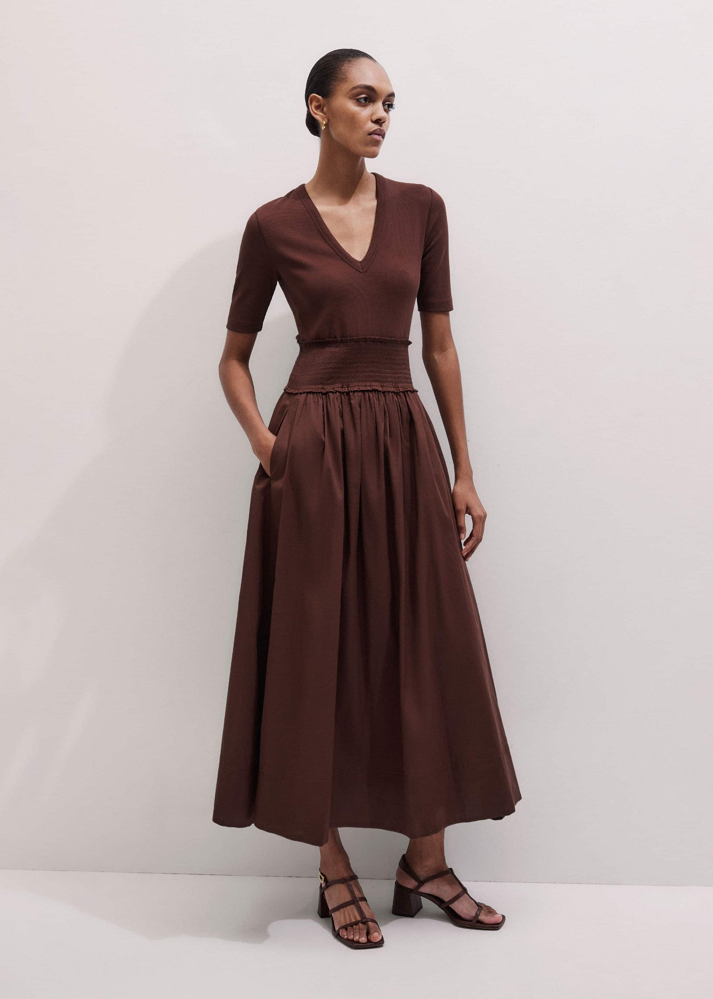 Cinnamon V-Neck Smocked Skirt Mixed Media Maxi Dress