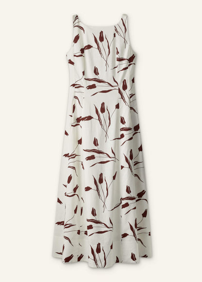 Cream Crease-Less Linen Fit + Flare Maxi Dress