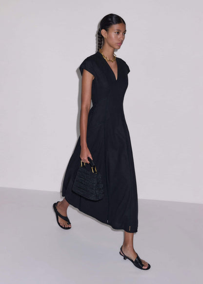 Black Crease-Less Linen Embroidered Maxi Dress