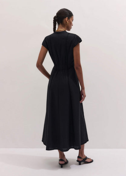 Black Crease-Less Linen Embroidered Maxi Dress