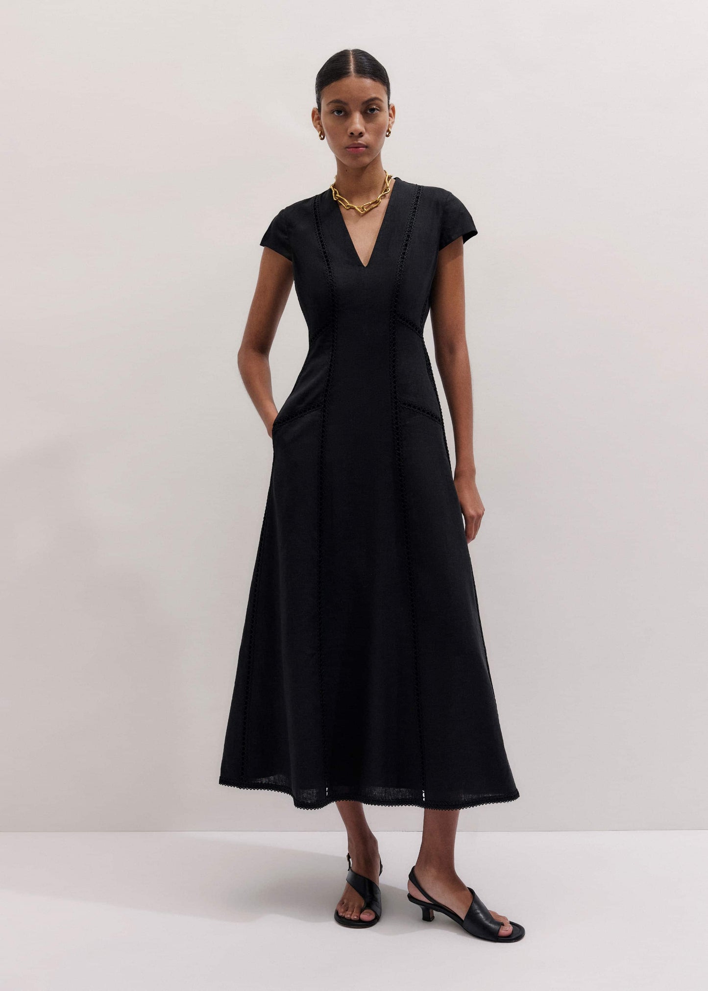 Black Crease-Less Linen Embroidered Maxi Dress
