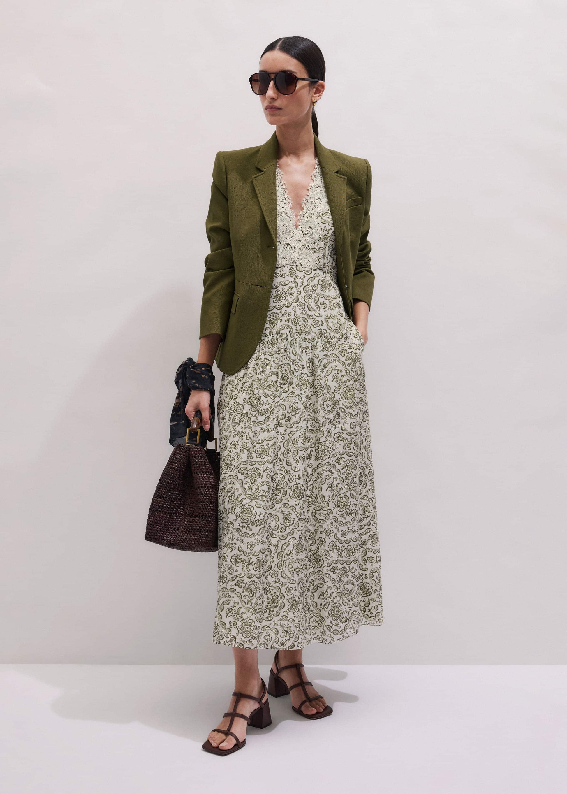 Green Silk Cotton Lace Trim Maxi Dress