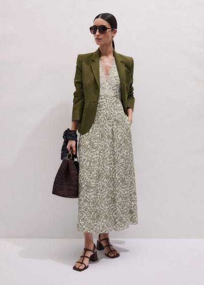 Green Silk Cotton Lace Trim Maxi Dress