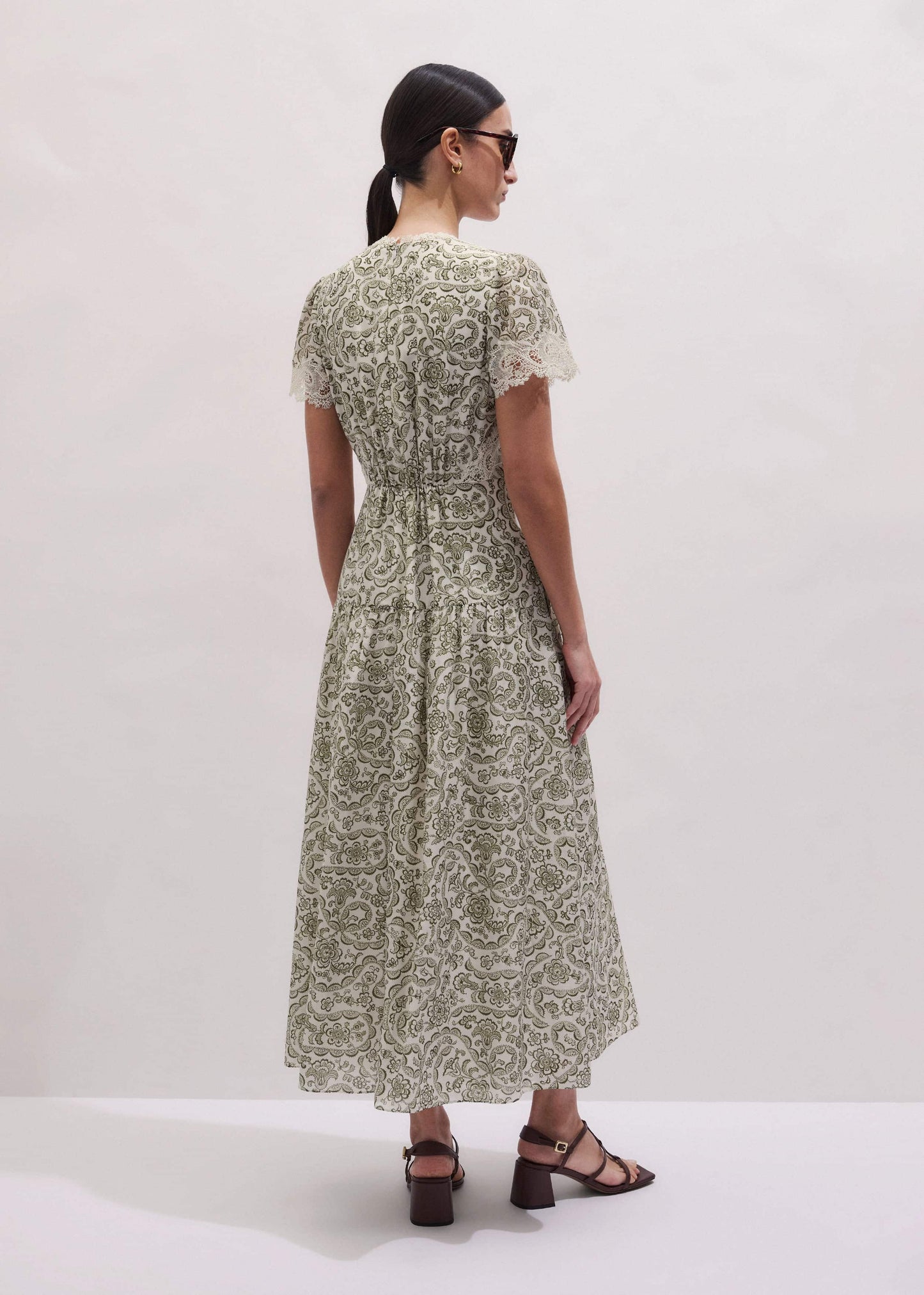 Green Silk Cotton Lace Trim Maxi Dress