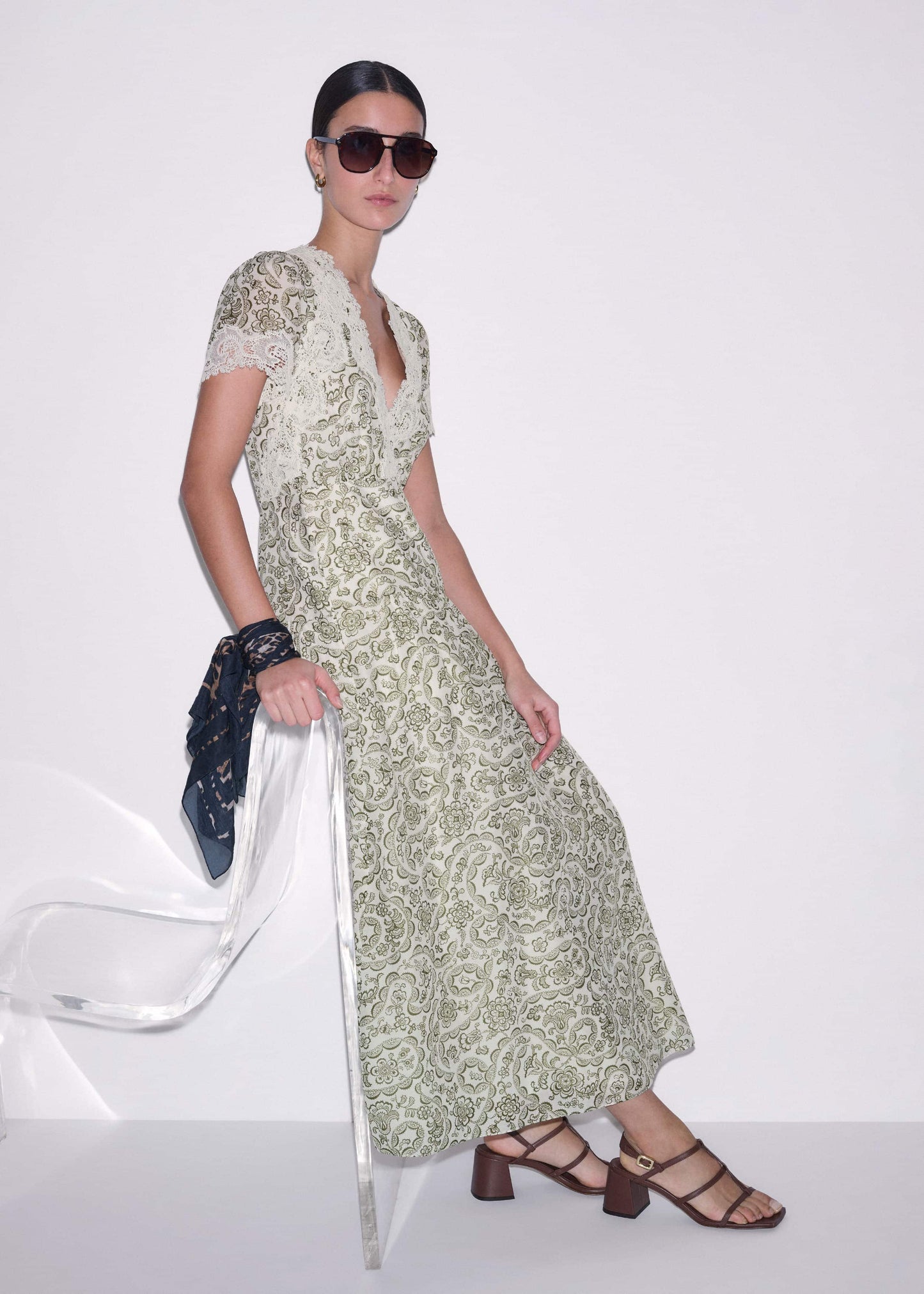 Green Silk Cotton Lace Trim Maxi Dress