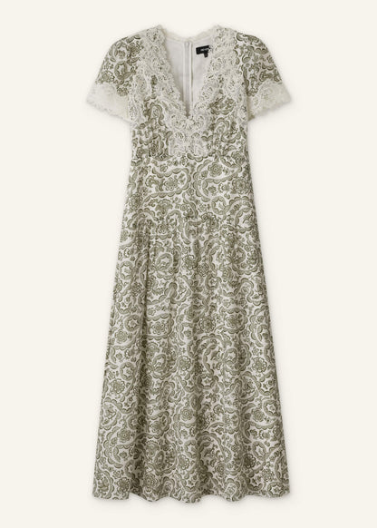 Green Silk Cotton Lace Trim Maxi Dress