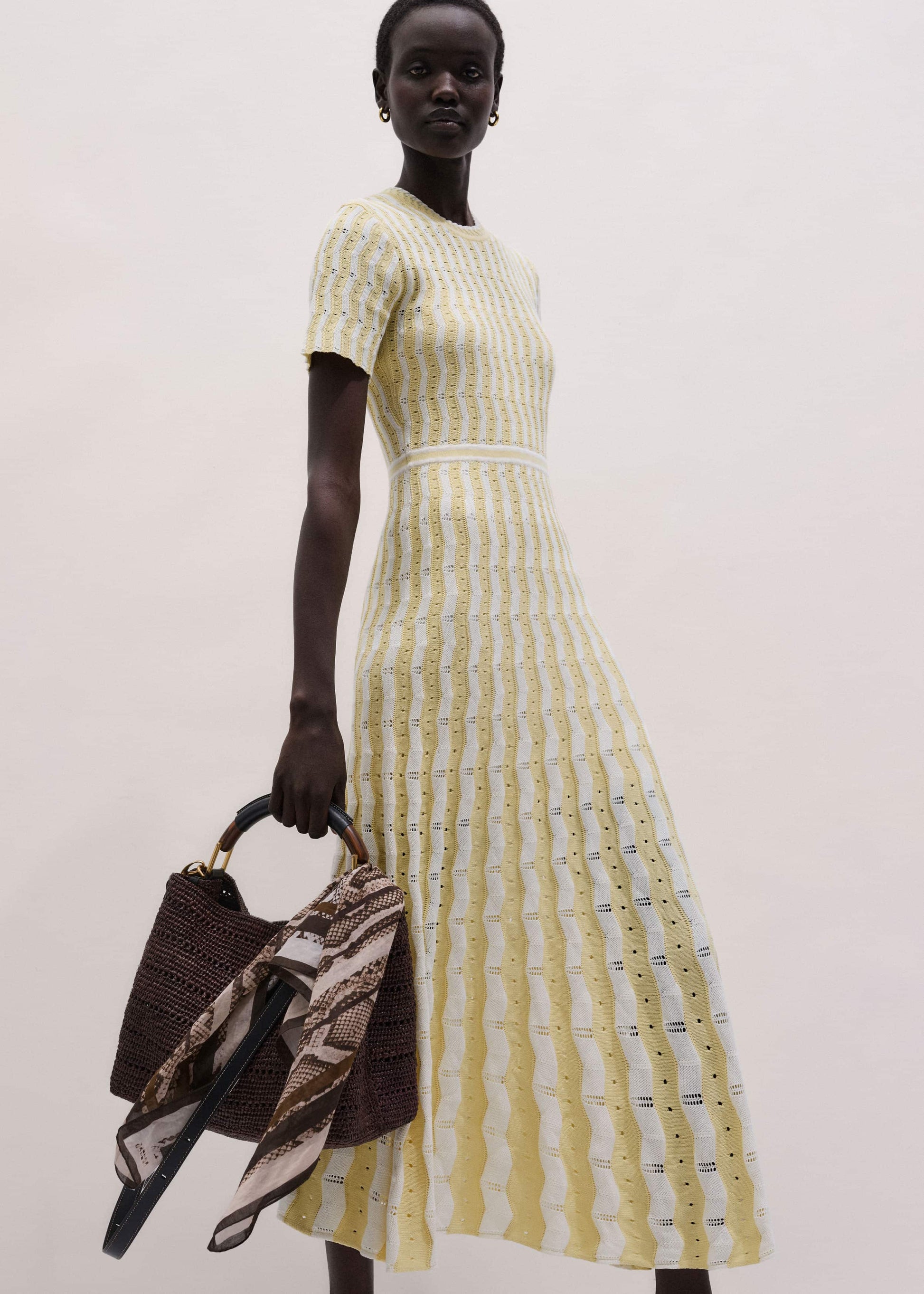 Yellow Textured Pointelle Stripe Knit Maxi Dress