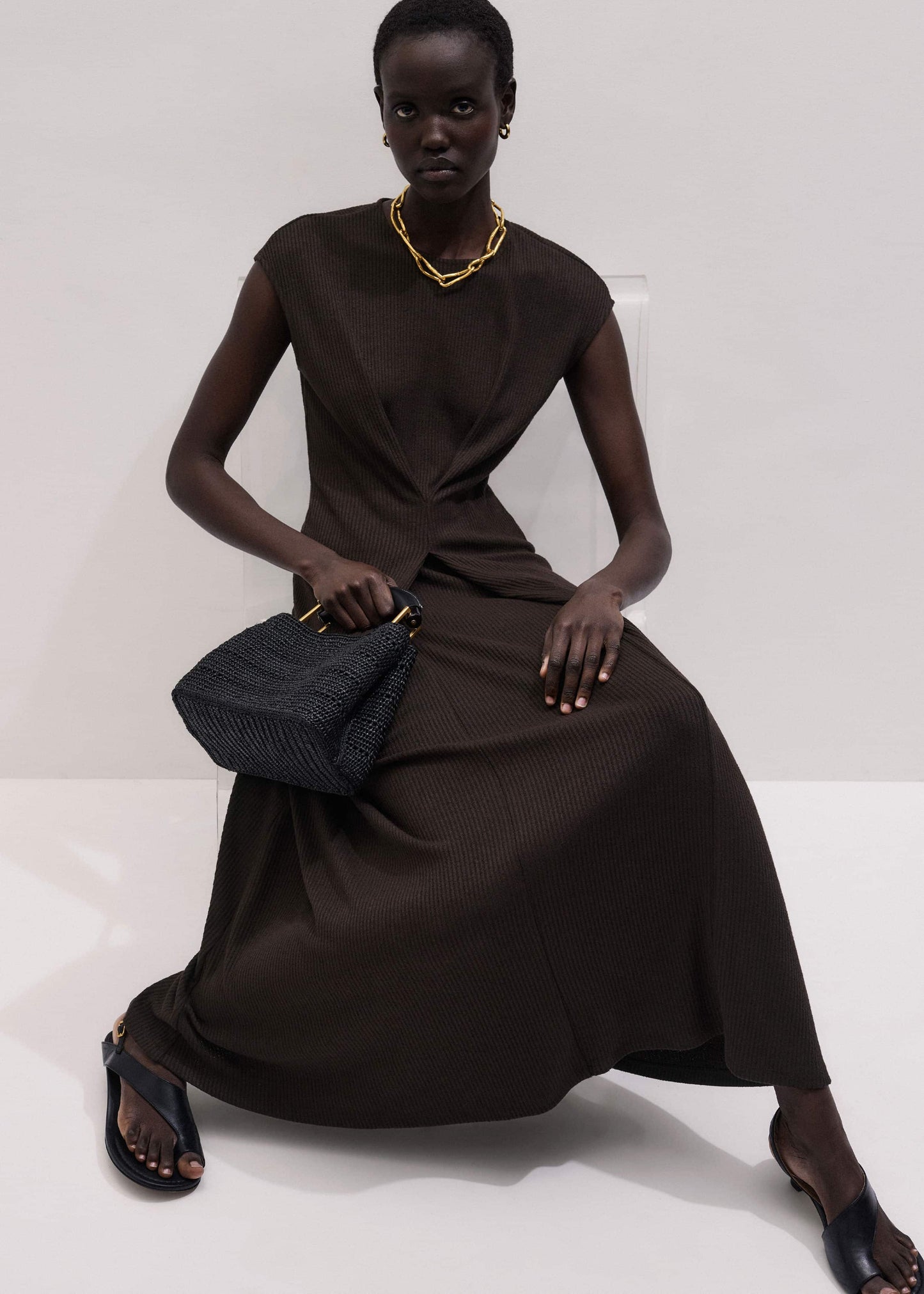 Brown Draped Waist Clever Pleat Maxi Dress