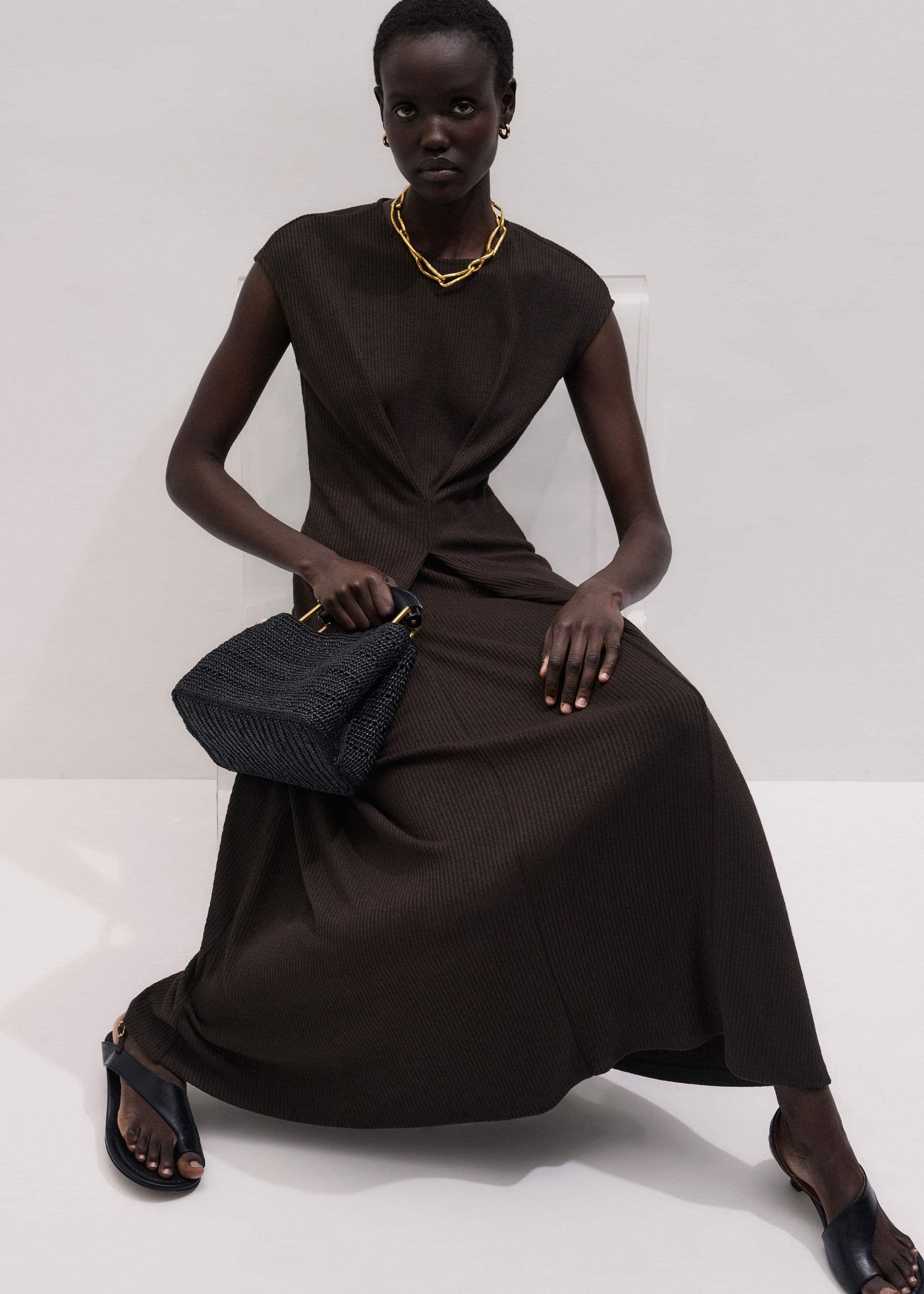 Brown Draped Waist Clever Pleat Maxi Dress