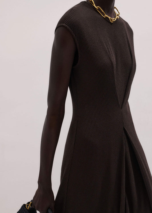 Brown Draped Waist Clever Pleat Maxi Dress