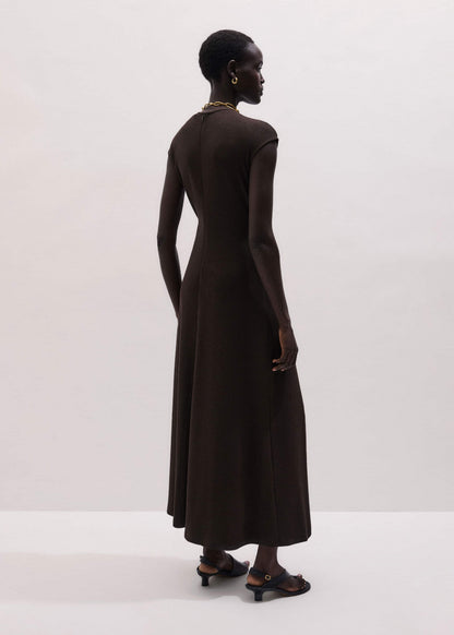 Brown Draped Waist Clever Pleat Maxi Dress