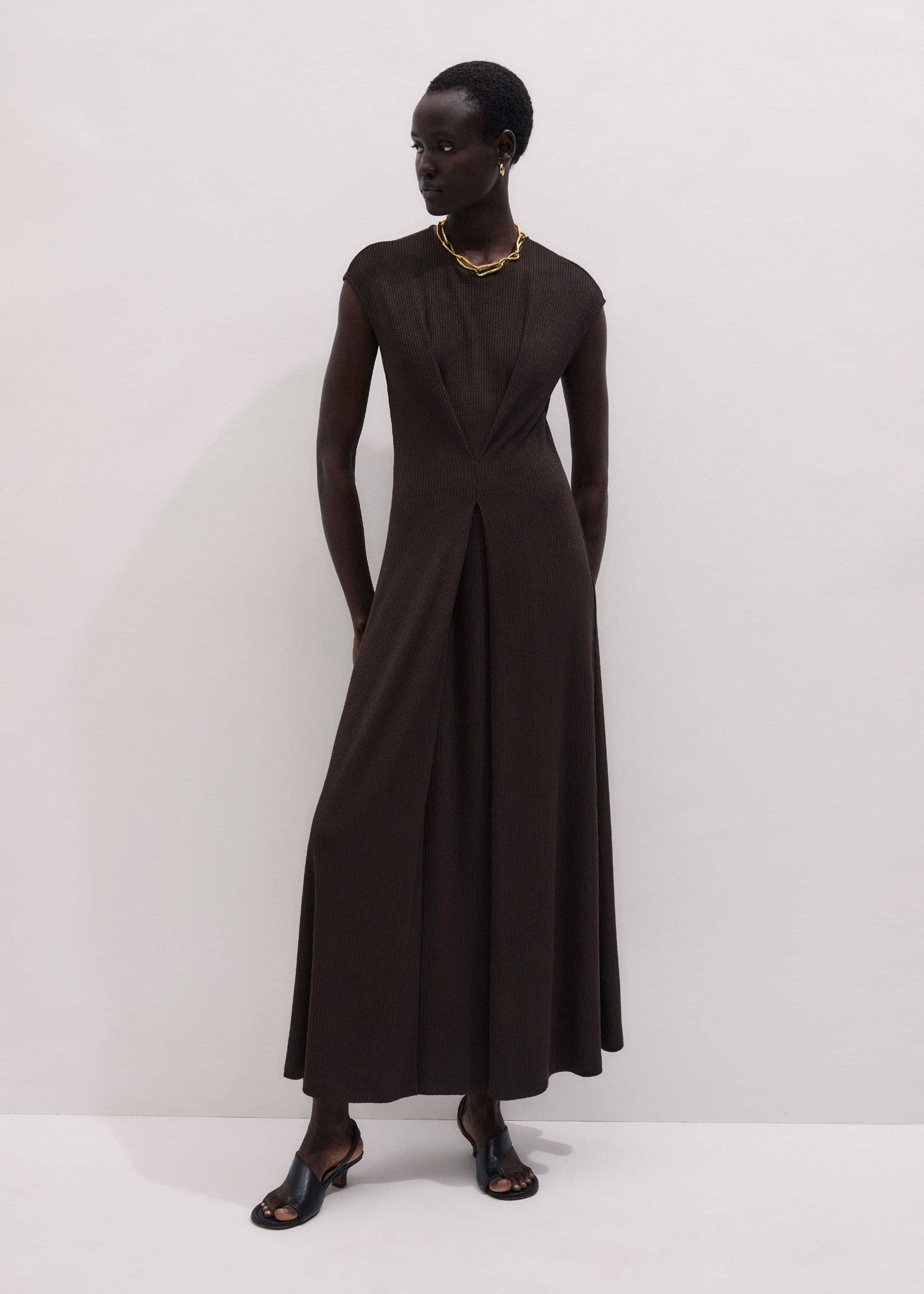 Brown Draped Waist Clever Pleat Maxi Dress