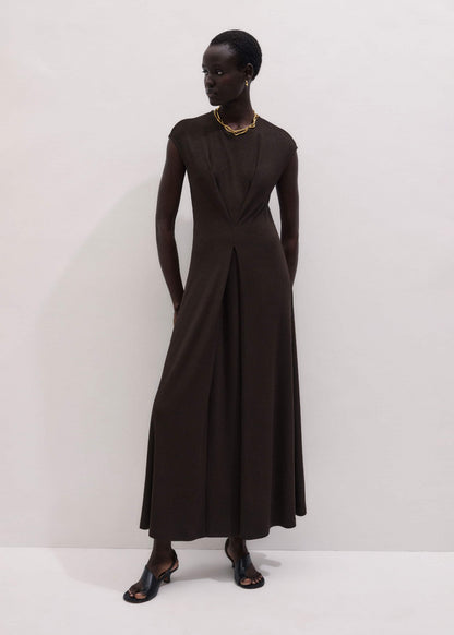 Brown Draped Waist Clever Pleat Maxi Dress