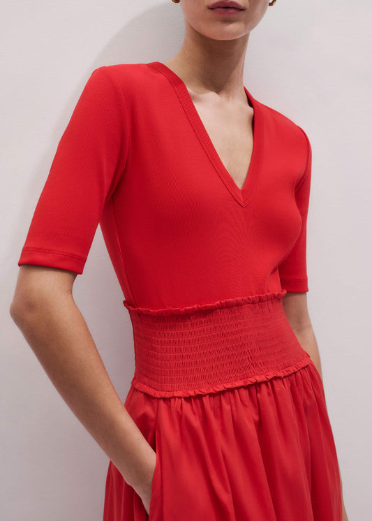 Red V-Neck Smocked Skirt Mixed Media Maxi Dress