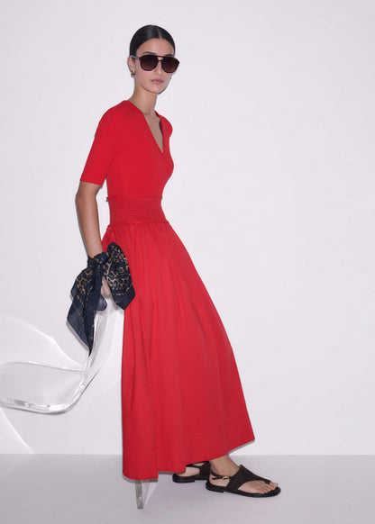 Red V-Neck Smocked Skirt Mixed Media Maxi Dress
