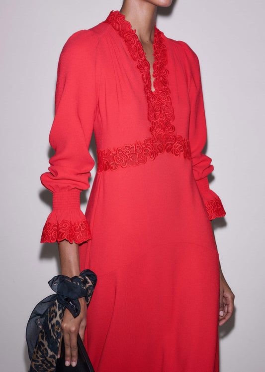 Red Fit + Flare Lace Detail Maxi Dress