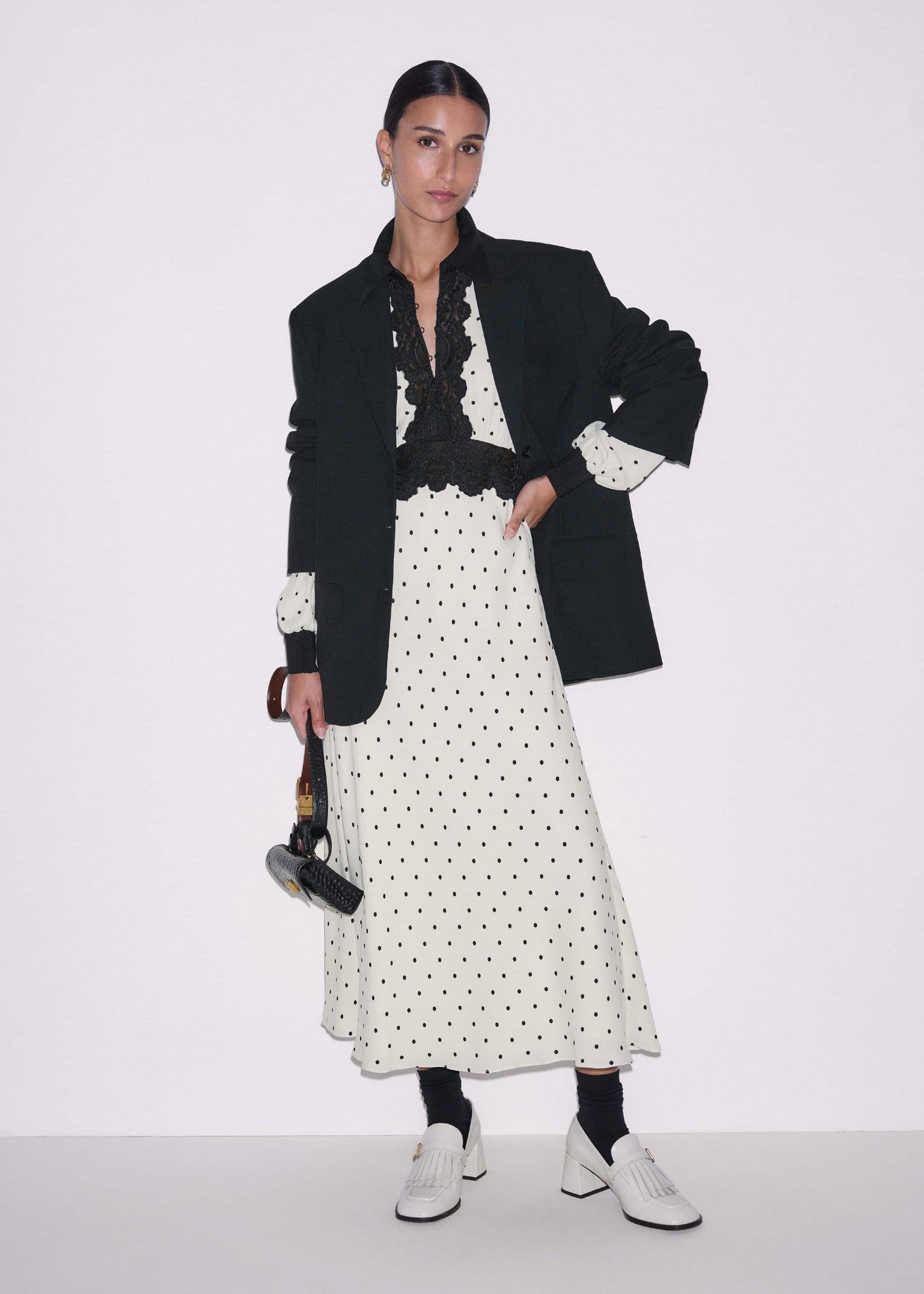 Cream Winter Polka Dot Lace Trim Maxi Dress