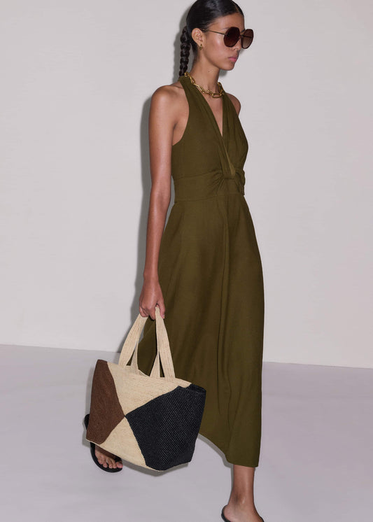 Olive Green Crease-Less Linen Twist Front Maxi Dress