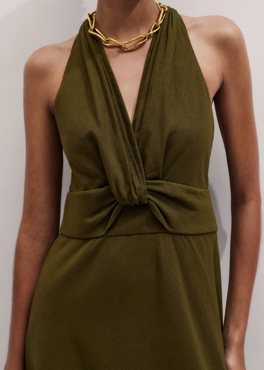Olive Green Crease-Less Linen Twist Front Maxi Dress
