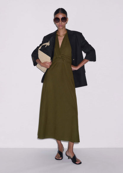 Olive Green Crease-Less Linen Twist Front Maxi Dress