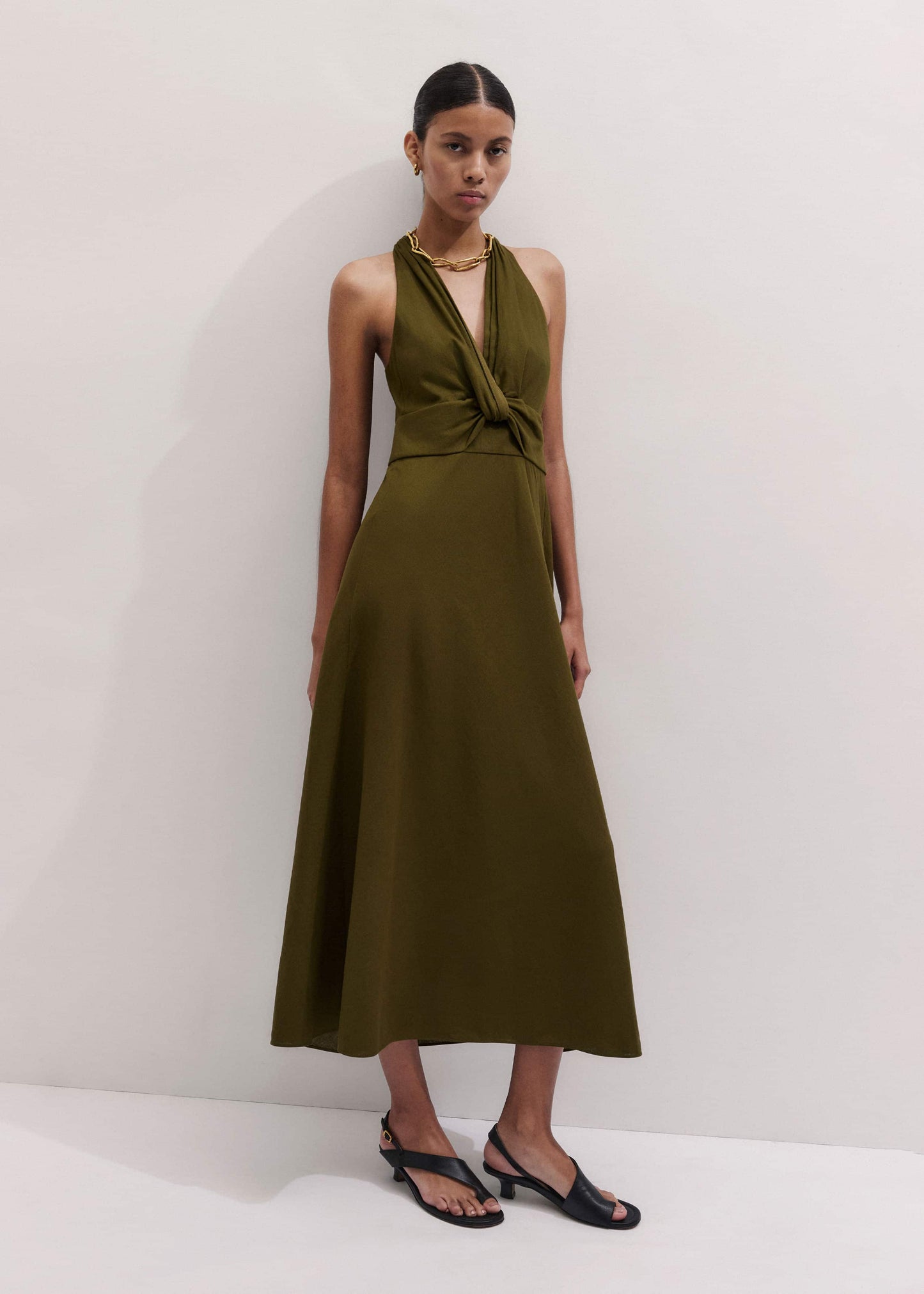 Olive Green Crease-Less Linen Twist Front Maxi Dress