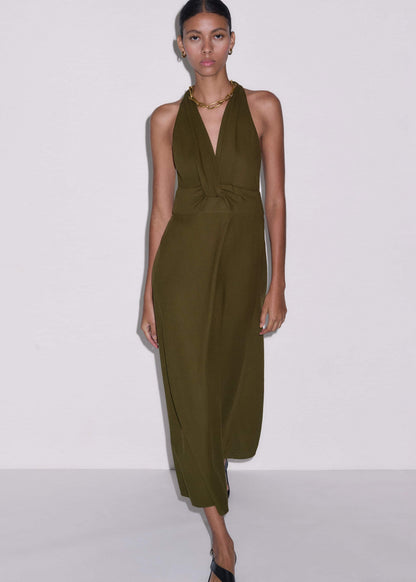 Olive Green Crease-Less Linen Twist Front Maxi Dress