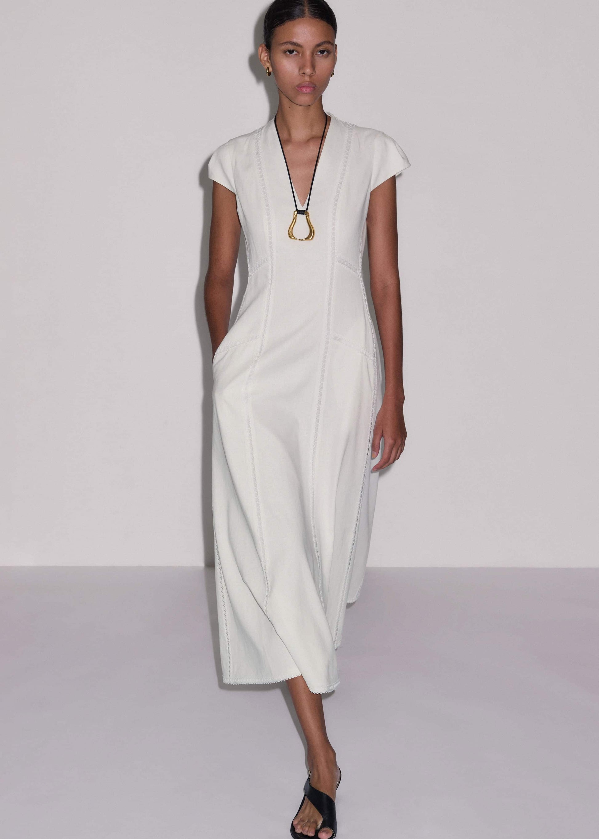 White Crease-Less Linen Embroidered Maxi Dress