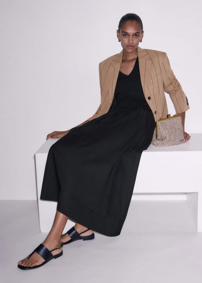 Black V-Neck Smocked Skirt Mixed Media Maxi Dress