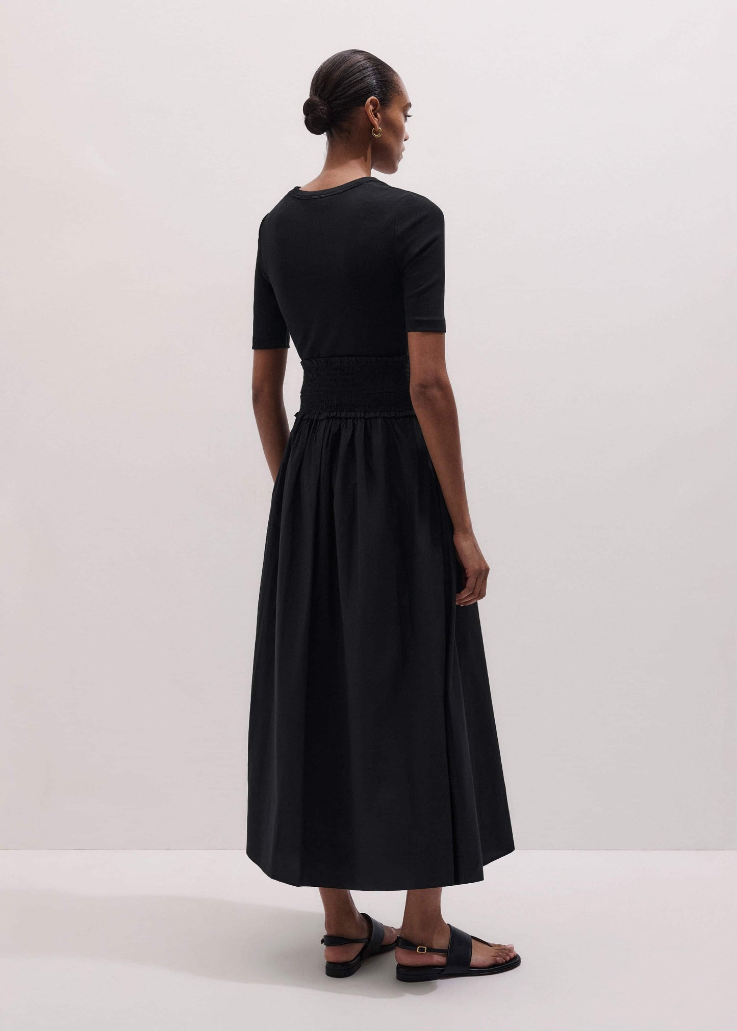 Black V-Neck Smocked Skirt Mixed Media Maxi Dress