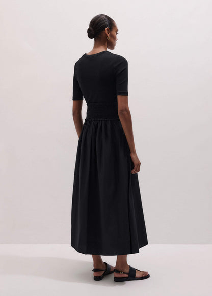 Black V-Neck Smocked Skirt Mixed Media Maxi Dress