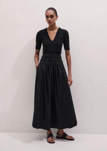 Black V-Neck Smocked Skirt Mixed Media Maxi Dress