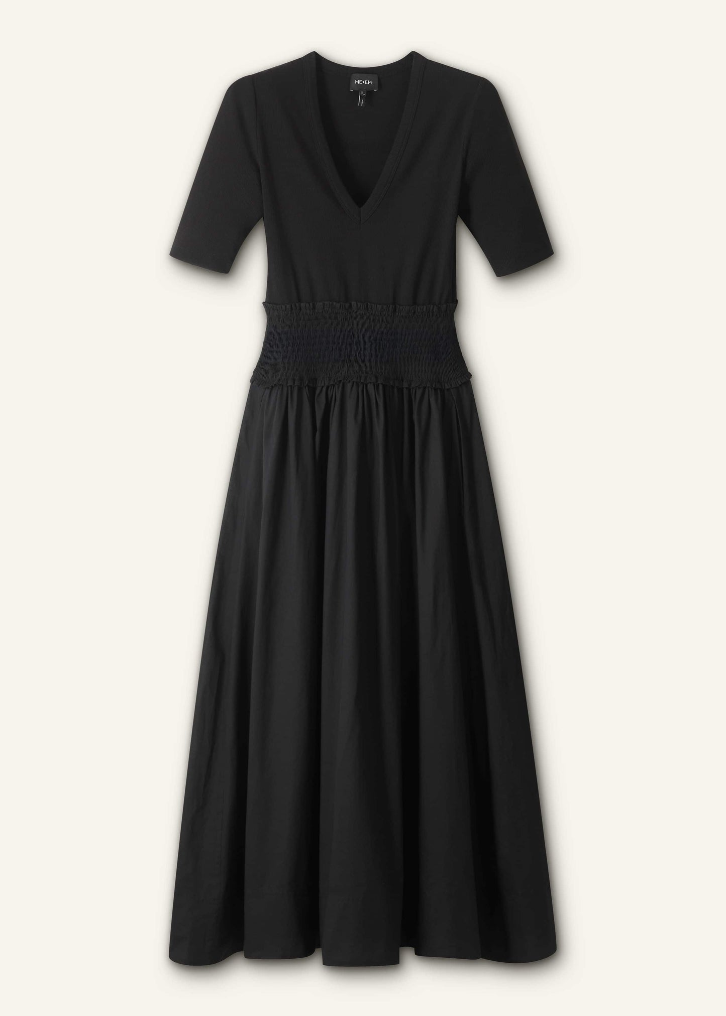 Black V-Neck Smocked Skirt Mixed Media Maxi Dress