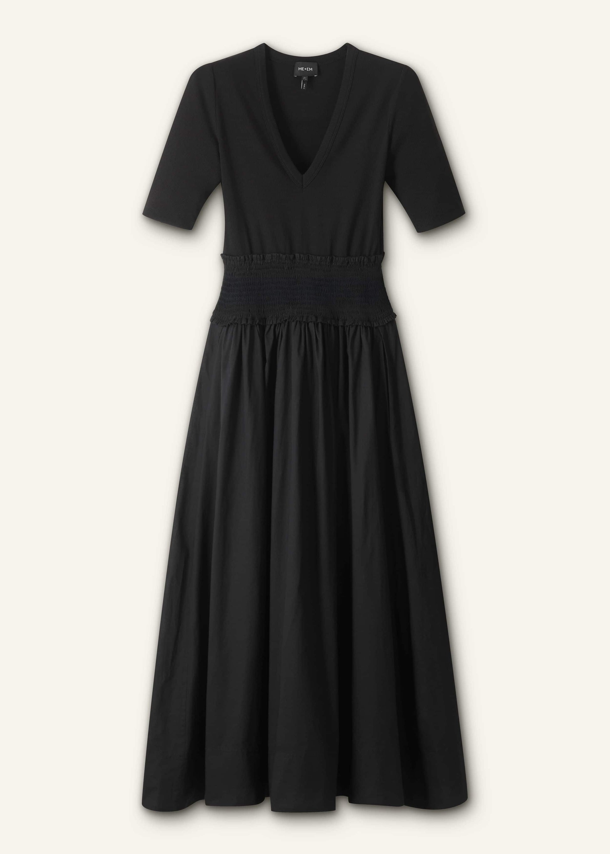 Black V-Neck Smocked Skirt Mixed Media Maxi Dress