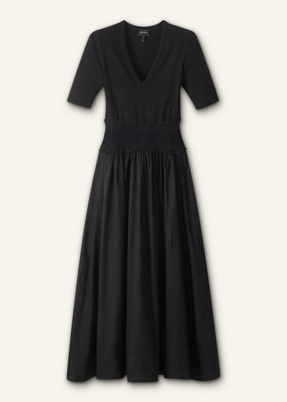 Black V-Neck Smocked Skirt Mixed Media Maxi Dress