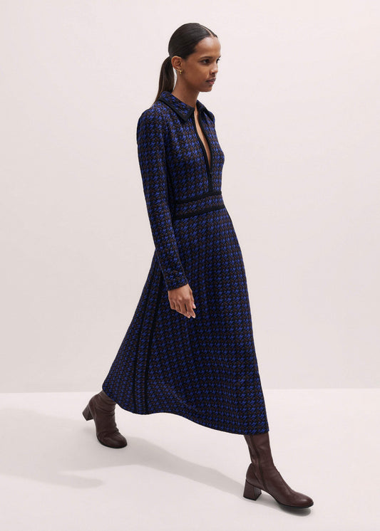 Navy Houndstooth Jacquard Ponte Zip Neck Maxi Dress