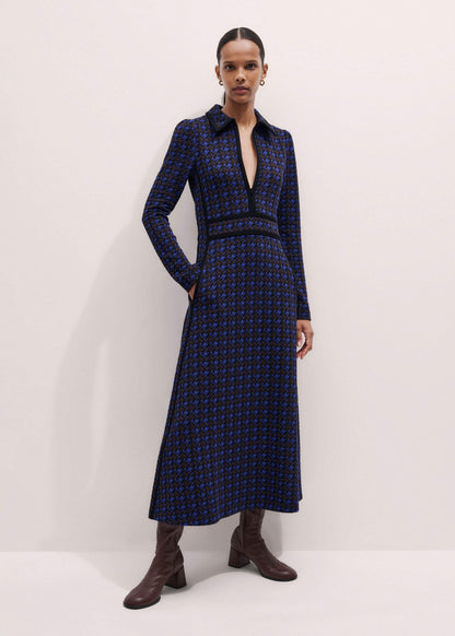 Navy Houndstooth Jacquard Ponte Zip Neck Maxi Dress